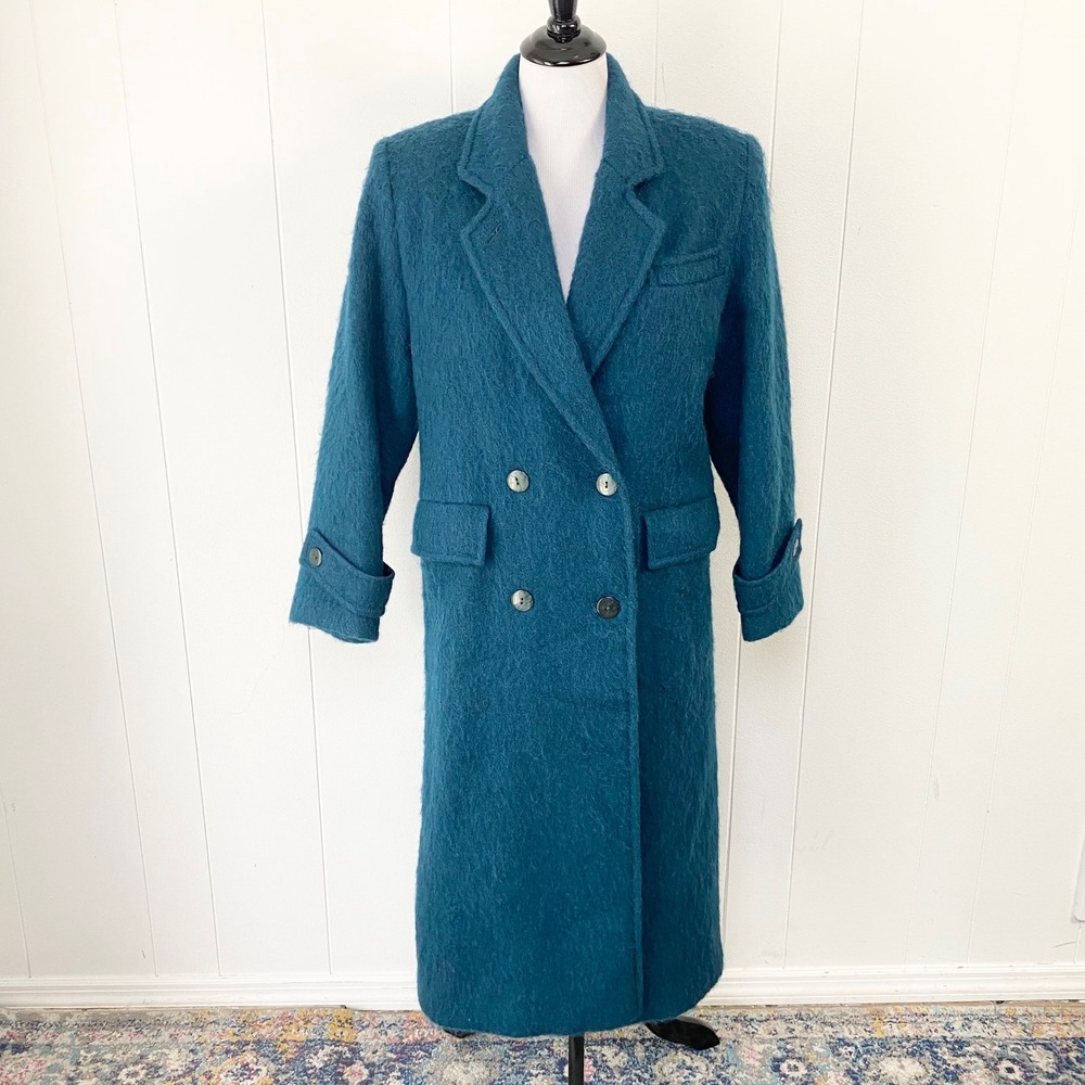 VTG Talbots Teal Mohair Wool Blend Long Coat Double Breasted USA ILGWU Sz L 22"P